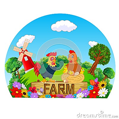 The beautiful farm with the and hen in the fresh village Vector Illustration