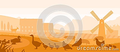 Beautiful farm silhouette with fields, warehouses, a windmill, ducks, chickens, geese, goats, pigs and mountains in the background Vector Illustration