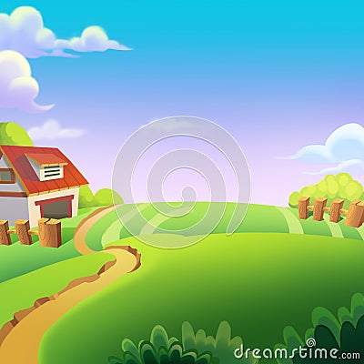 Beautiful Farm on the Sunny Day under the Green Hill. Stock Photo