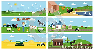 Beautiful Farmyard Cartoon Banners Vector Illustration