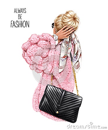 Beautiful fashion blond hair girl in winter knitted sweater. Fashion illustration Cartoon Illustration