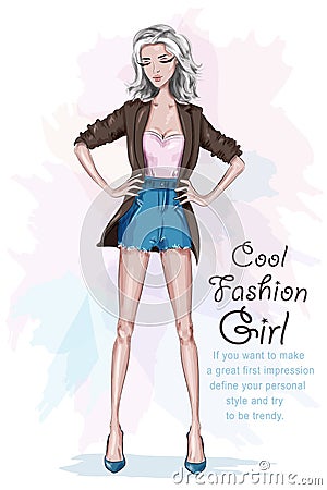 Beautiful fashion girl with long legs. Stylish woman in fashion clothes with arms akimbo. Sketch. Hand drawn cool girl. Vector Illustration