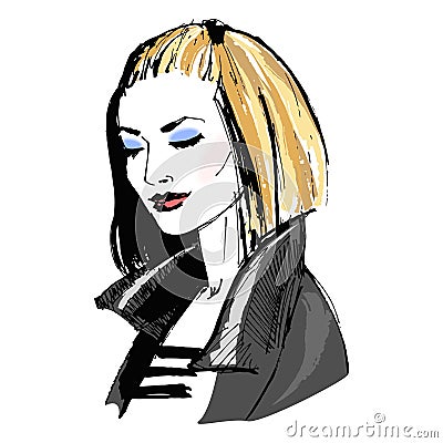 Beautiful fashion girl with makeup in leather jacket. Vector Illustration