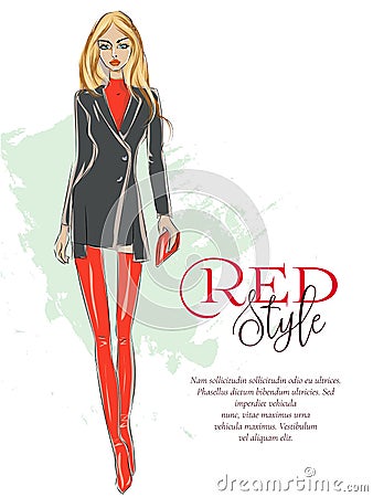Beautiful fashion girl with red style logo and advertising text template, runway show, blonde woman wearing hessian boots, sa Cartoon Illustration