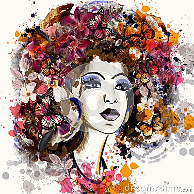 Beautiful fashion illustration in watercolor style with portrait Cartoon Illustration