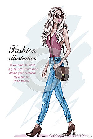 Beautiful fashion model with blonde hair. Hand drawn stylish young woman walking. Vector Illustration