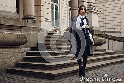 Beautiful Fashion Model In Fashionable Clothing On The Street Stock Photo