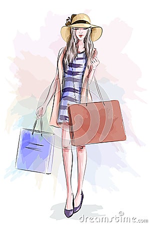 Beautiful fashion model in hat. Stylish cute girl in fashion clothes. Sketch. Vector Illustration