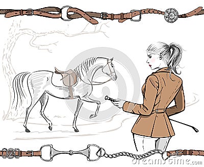 Beautiful fashion woman with english equestrian sport hunting style jacket and horse with saddle. Rider girl, tree hand drawing ar Stock Photo