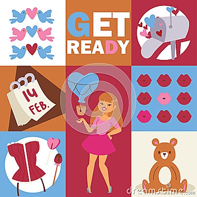 Beautiful fashion woman illustration. Stylish girl with accessories, bear, birds. lips, hearts, sweets, corset. Cartoon Cartoon Illustration