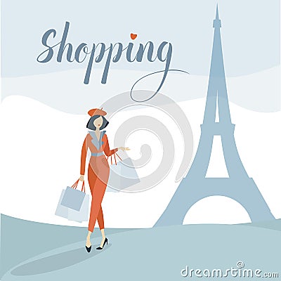 Beautiful fashion woman makes shopping in France Paris near eiffel tower flat vector illustration Cartoon Illustration