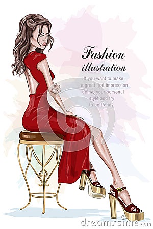 Beautiful fashion woman in red dress sitting on vintage chair. Sketch. Hand drawn pretty girl. Vector Illustration