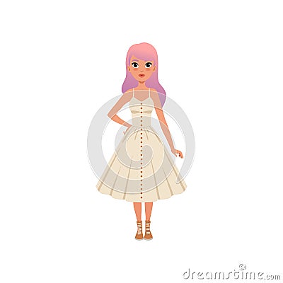 Beautiful fashion young woman with long pink dyed hair, stylish girl in white dress vector Illustration on a white Vector Illustration