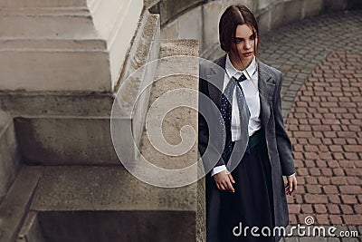 Beautiful Fashionable Woman In Fashion Clothes Posing In Street Stock Photo