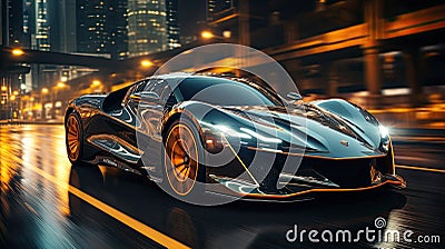 Beautiful fast racing car supercar sports car driving at night on the road Stock Photo