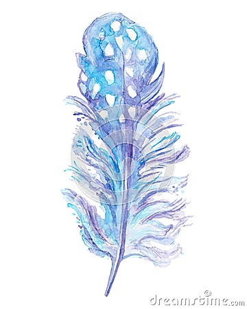 Beautiful feather of phoenix in blue and lilac colors isolated on the white background. wWatercolor illustration Stock Photo