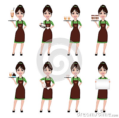 Beautiful female barista in professional uniform Vector Illustration