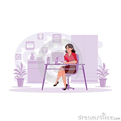 The beautiful female blogger who works with a computer accesses the internet and creates freely. Vector Illustration