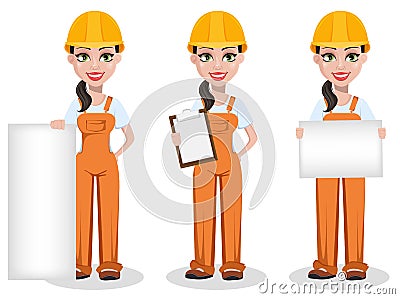 Beautiful female builder in uniform Vector Illustration