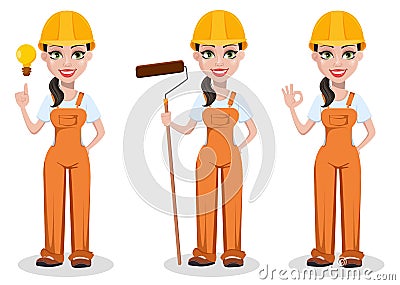 Beautiful female builder in uniform Vector Illustration