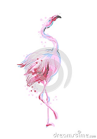 Beautiful female dancing pink flamingo smiling isolated on white background with pink splash for prints, fashion apparel Vector Illustration