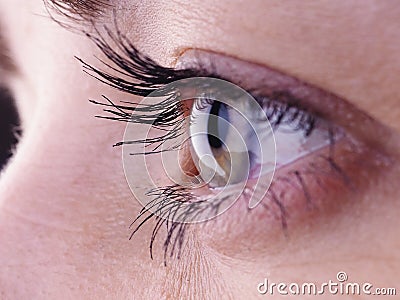 Beautiful female eye close up, looks away, vision correction concept, natural beauty with wrinkles, banner for lettering Stock Photo