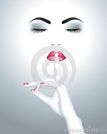 Beautiful female face with finger on her lips Vector Illustration