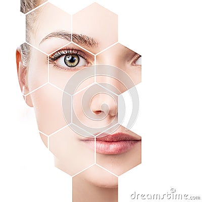 Beautiful female face in honeycombs. Spa concept. Stock Photo