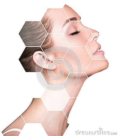 Beautiful female face in honeycombs. Spa concept. Stock Photo