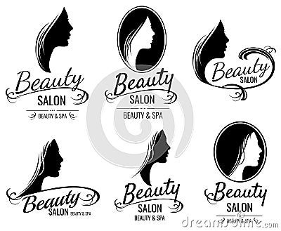 Beautiful female face portrait, woman head silhouette vector logo templates for barber shop, beauty salon, cosmetic Vector Illustration