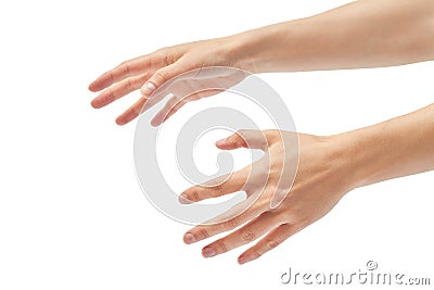 Beautiful female hand stifling gesture. Isolated on white background Stock Photo