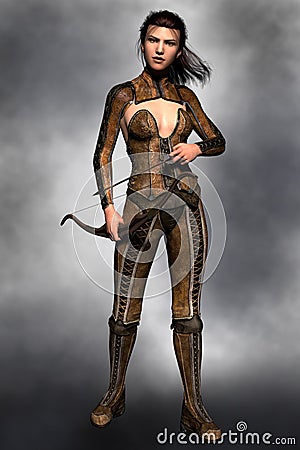 Beautiful female hunter or warrior holding a bow and arrow Stock Photo