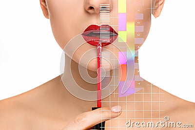 Beautiful female lips with make-up and brush Stock Photo