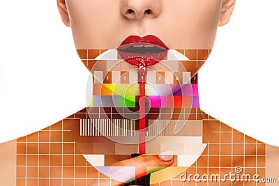 Beautiful female lips with make-up and brush Stock Photo