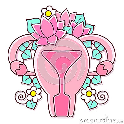 Beautiful Female Reproductive System with Flowers.Feminine Gynecology.Anatomical Female Uterus,Ovaries.Vagina Symbol Vector Illustration