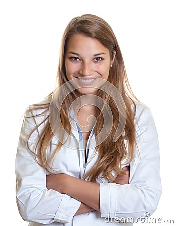 Beautiful female seller with crossed arms Stock Photo