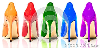 Female shiny colored stilettos on a white background Stock Photo