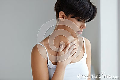 Beautiful Female Suffering From Painful Feeling, Pain In Chest. Stock Photo