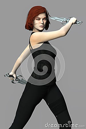 Beautiful female vampire heroine holding two skull daggers Stock Photo