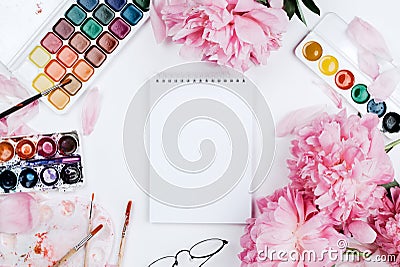 Beautiful feminine flatlay mockup with notebook, stationery supplies Stock Photo