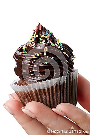 Beautiful feminine hand holding tasty appetizing chocolate cupcake. White Isolated Background. Closeup. Stock Photo