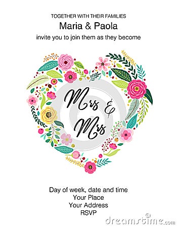 Beautiful feminine wedding floral invitation for same-sex couple Vector Illustration