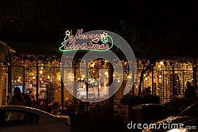 Beautiful festive Christmas decorations of restaurant in the German Colony in Haifa, Israel Editorial Stock Photo