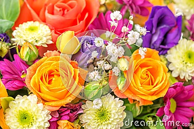 Beautiful festive flowers bouquet with chrysanthemum and orange Stock Photo