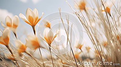 Beautiful Field Of Flowers Under Blue Sky Stock Photo