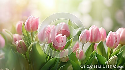 Beautiful field of pink tulips, with some in foreground and others further back. There are at least 10 different Stock Photo