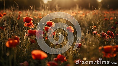 A beautiful field of red poppies in the sunset light. Beautiful blooming red poppies Stock Photo