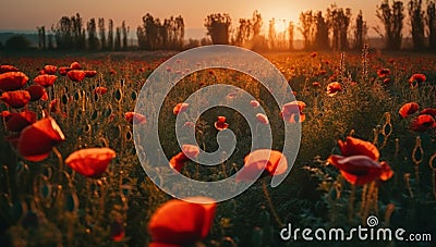 A beautiful field of red poppies in the sunset light. Beautiful blooming red poppies Stock Photo