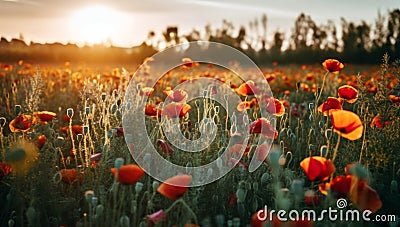 A beautiful field of red poppies in the sunset light. Beautiful blooming red poppies Stock Photo