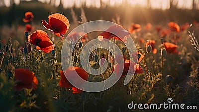 A beautiful field of red poppies in the sunset light. Beautiful blooming red poppies Stock Photo